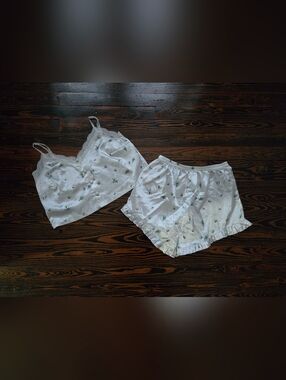 Satin Floral Pajama Set Small White Blue Yellow Cami Top Ruffle Hem Shorts 2pc